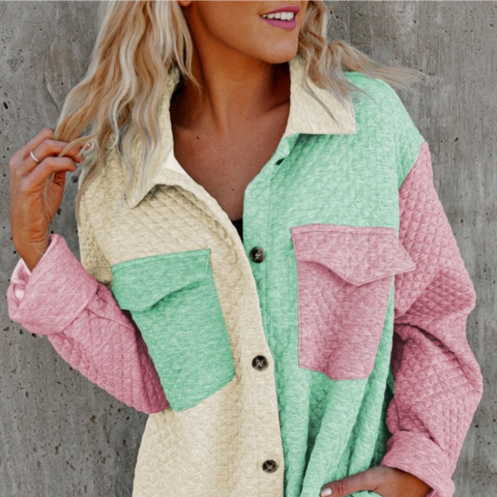 Colorblock Button Front Quilted Shacket